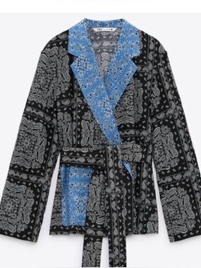 Zara Paisley Bandana Wrap Top Blue Black Boho Tie Waist Blouse XS
